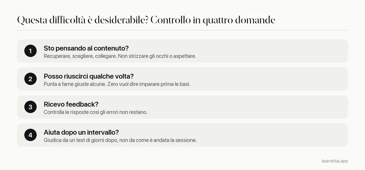 Controllo in quattro domande per decidere se una difficoltà di studio è desiderabile, dal pensare al contenuto al verificare i risultati dopo un intervallo