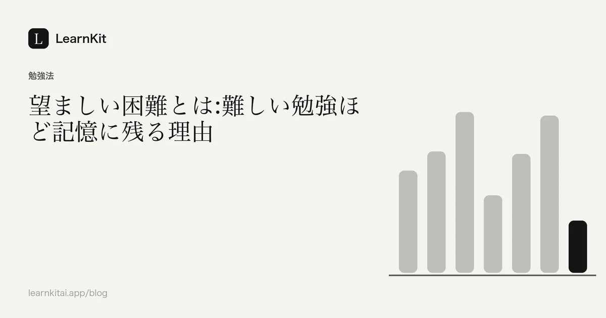 落ち着いたモノクロの模様の上に、タイトル「望ましい困難とは:難しい勉強ほど記憶に残る理由」を配置した画像