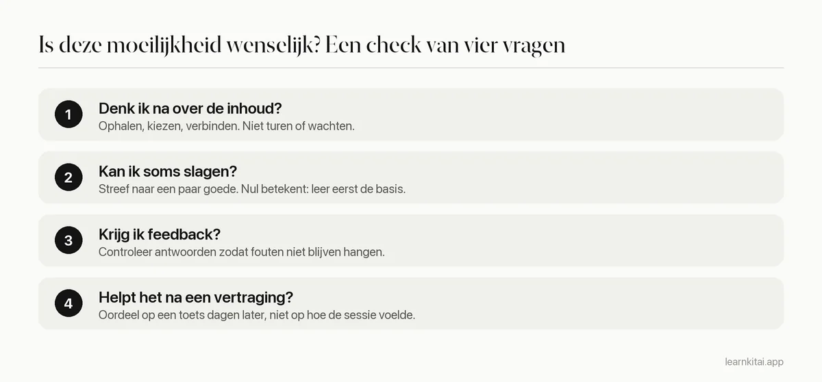 Check met vier vragen om te bepalen of een studiemoeilijkheid wenselijk is, van nadenken over de inhoud tot resultaten na een vertraging controleren