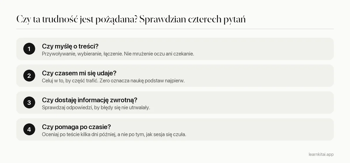 Czteropytaniowy sprawdzian, czy trudność w nauce jest pożądana: od myślenia o treści do sprawdzania wyników po czasie