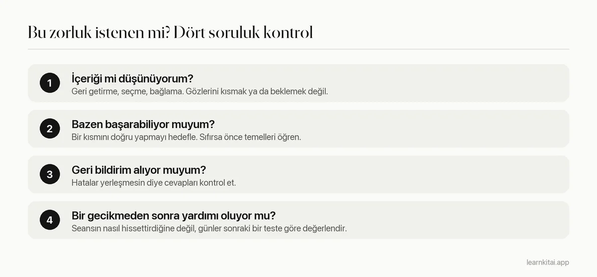 Bir çalışma zorluğunun istenen olup olmadığına karar vermek için dört soruluk kontrol: içeriği düşünmekten gecikmeli sonuç kontrolüne