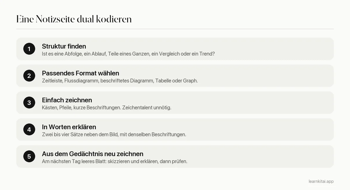 Fünf Schritte, eine Notizseite dual zu kodieren, vom Finden der Struktur bis zum Neuzeichnen aus dem Gedächtnis