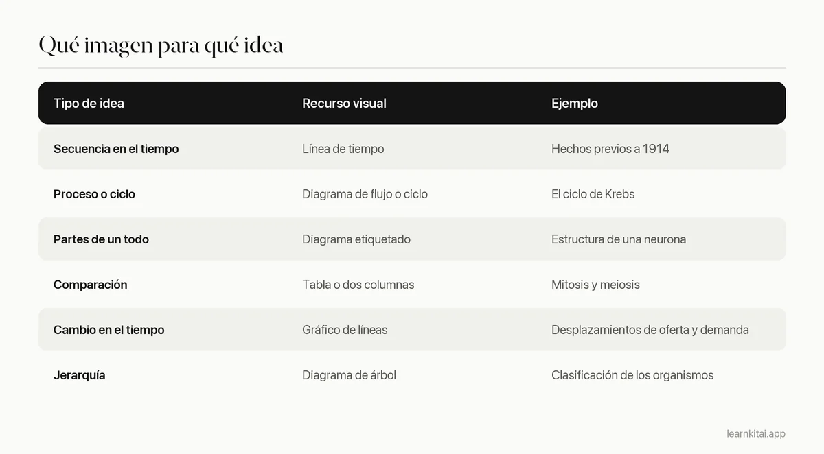 Tabla que relaciona tipos de contenido con el formato visual que mejor encaja con cada uno, con un ejemplo