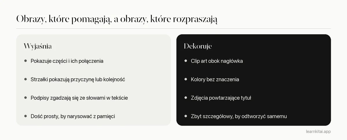 Porównanie obrazów, które wyjaśniają ideę, i obrazów, które tylko dekorują stronę