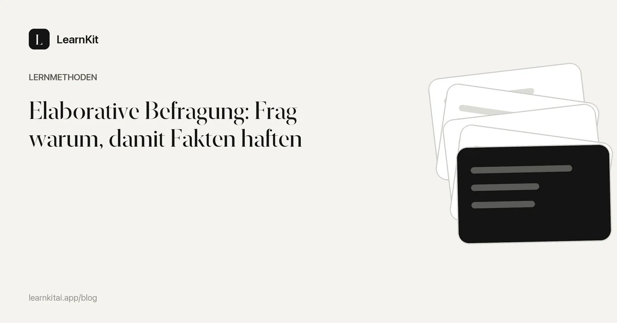 Der Titel Elaborative Befragung: Frag warum, damit Fakten haften vor einem ruhigen, einfarbigen Muster