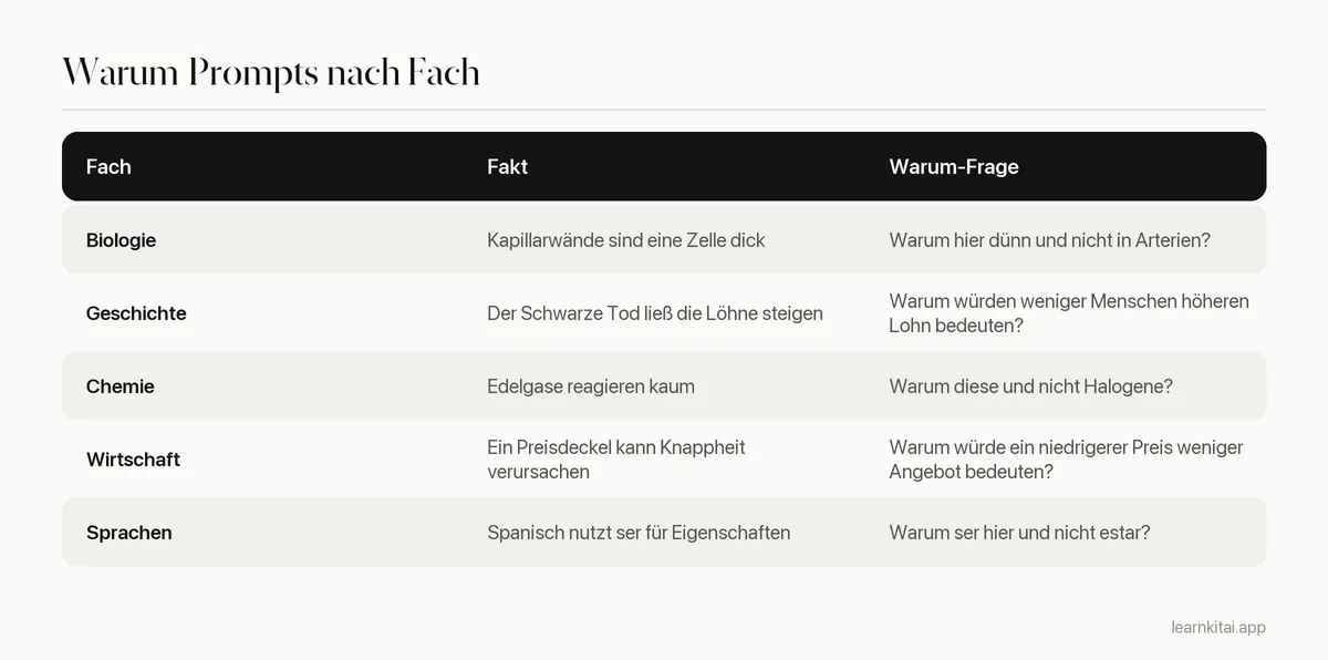 Tabelle mit Beispiel-Warum-Fragen für Biologie, Geschichte, Chemie, Wirtschaft und Sprachen
