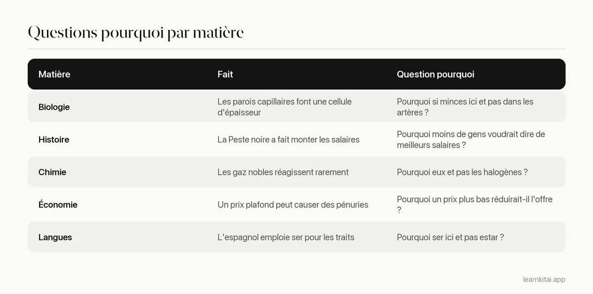 Tableau d'exemples de questions pourquoi pour la biologie, l'histoire, la chimie, l'économie et les langues