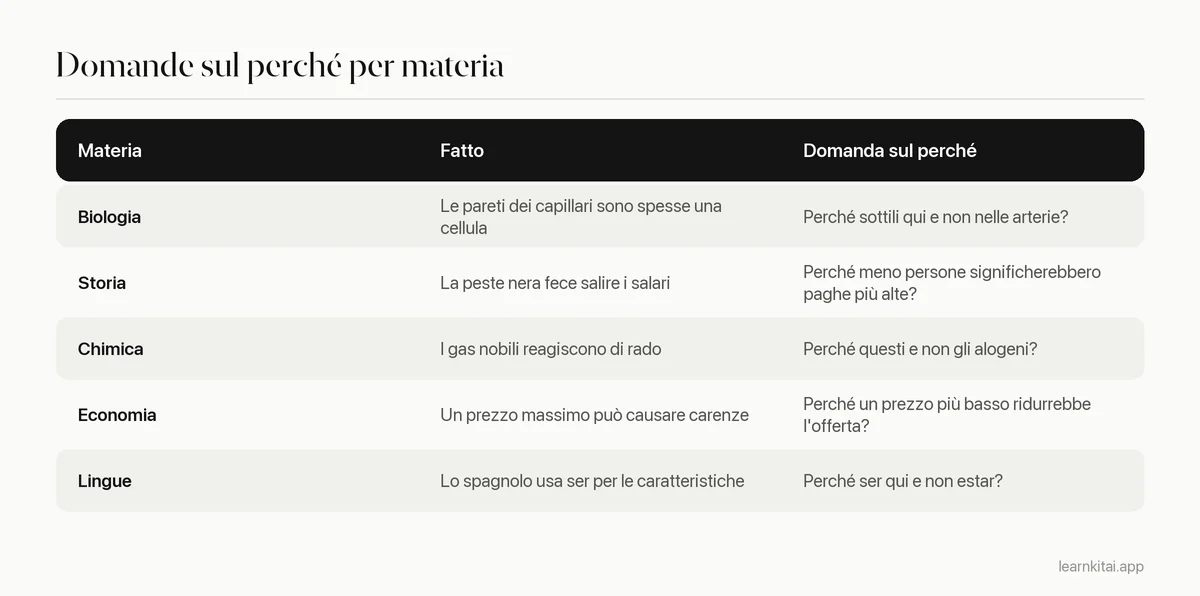 Tabella di domande di esempio sul perché per biologia, storia, chimica, economia e lingue
