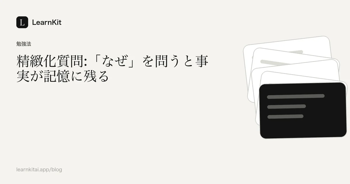 落ち着いたモノクロの模様の上に、タイトル「精緻化質問:「なぜ」を問うと事実が記憶に残る」を配置した画像