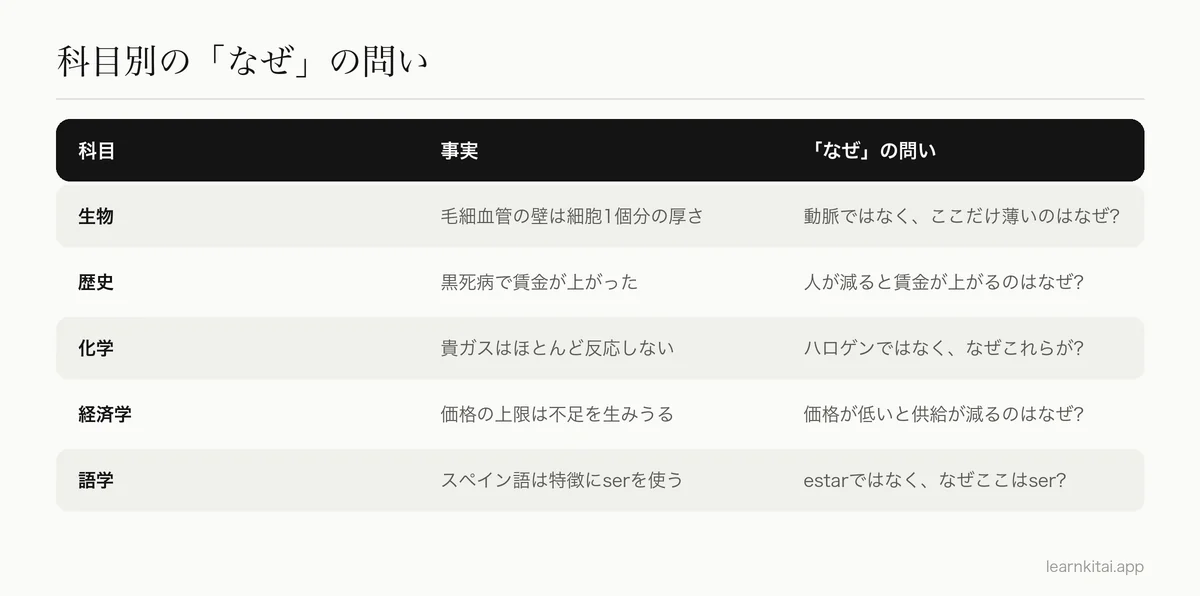 生物、歴史、化学、経済学、語学の「なぜ」の問いの例の表