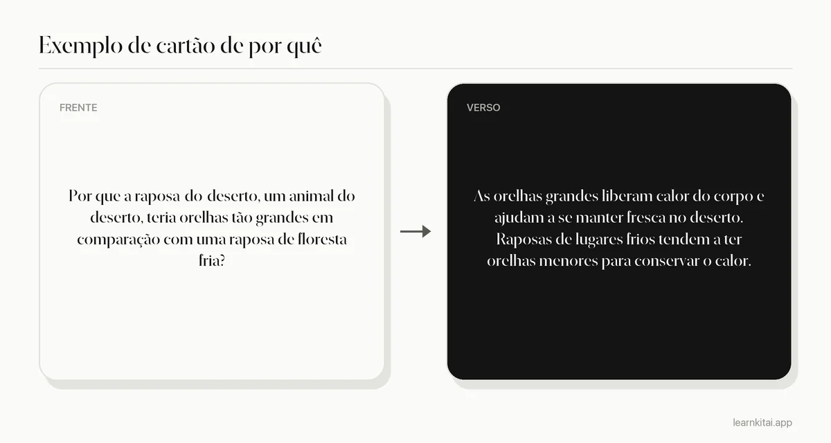 Exemplo de flashcard com uma pergunta de por quê sobre as orelhas grandes de um animal do deserto e a resposta sobre perder calor