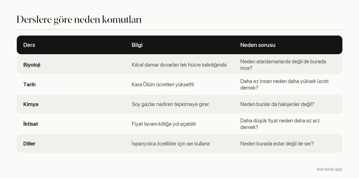 Biyoloji, tarih, kimya, iktisat ve diller için örnek neden sorularının tablosu