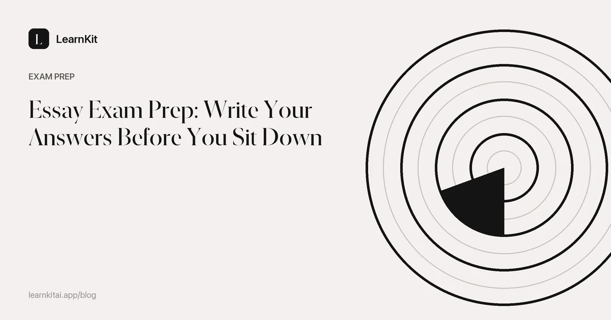 Article title Essay Exam Prep: Write Your Answers Before You Sit Down over a calm monochrome pattern