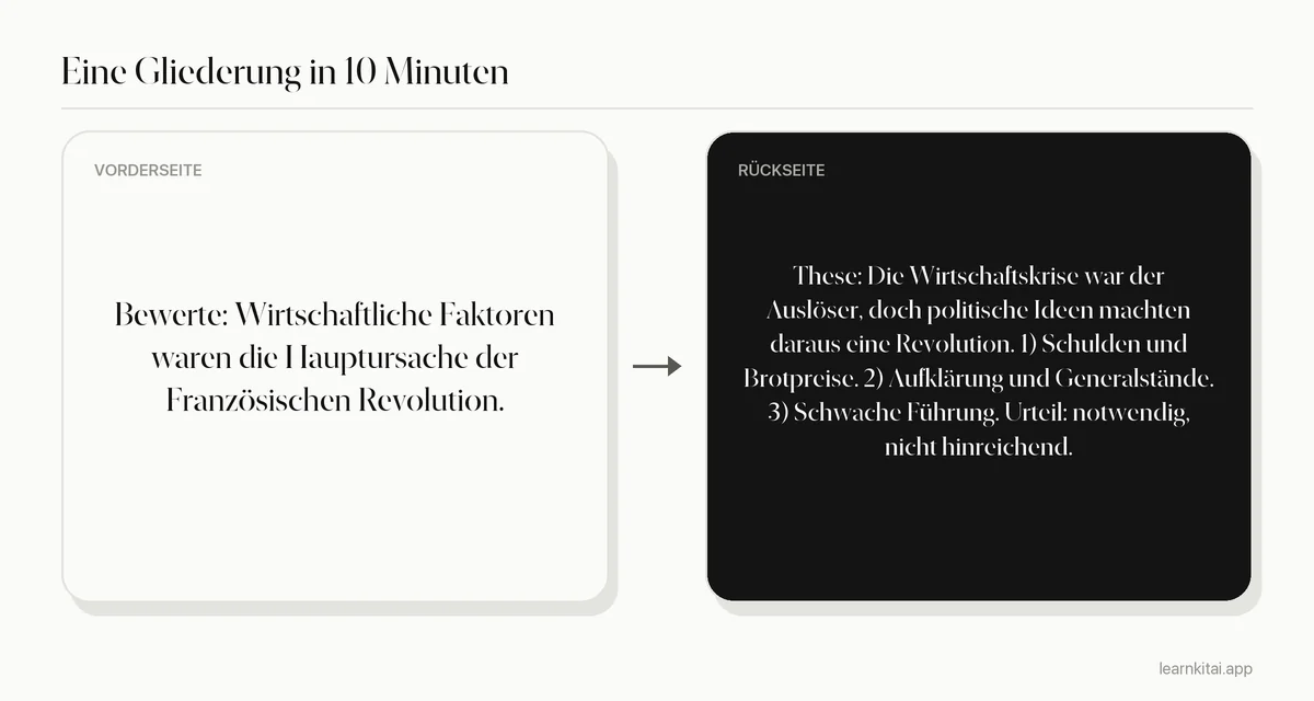 Beispielkarte einer Essay-Gliederung mit einer These und drei Hauptpunkten für eine Geschichtsfrage
