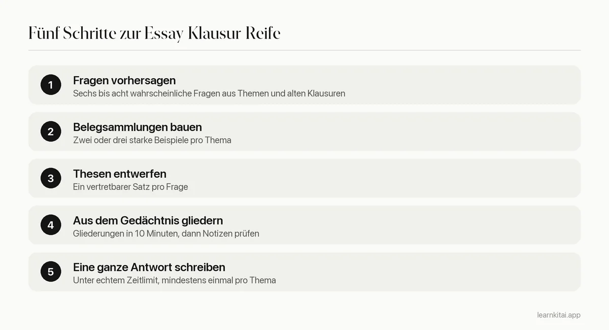 Fünf Schritte zur Vorbereitung auf eine Essay-Klausur, vom Vorhersagen der Fragen bis zu ganzen Antworten unter Zeitlimit