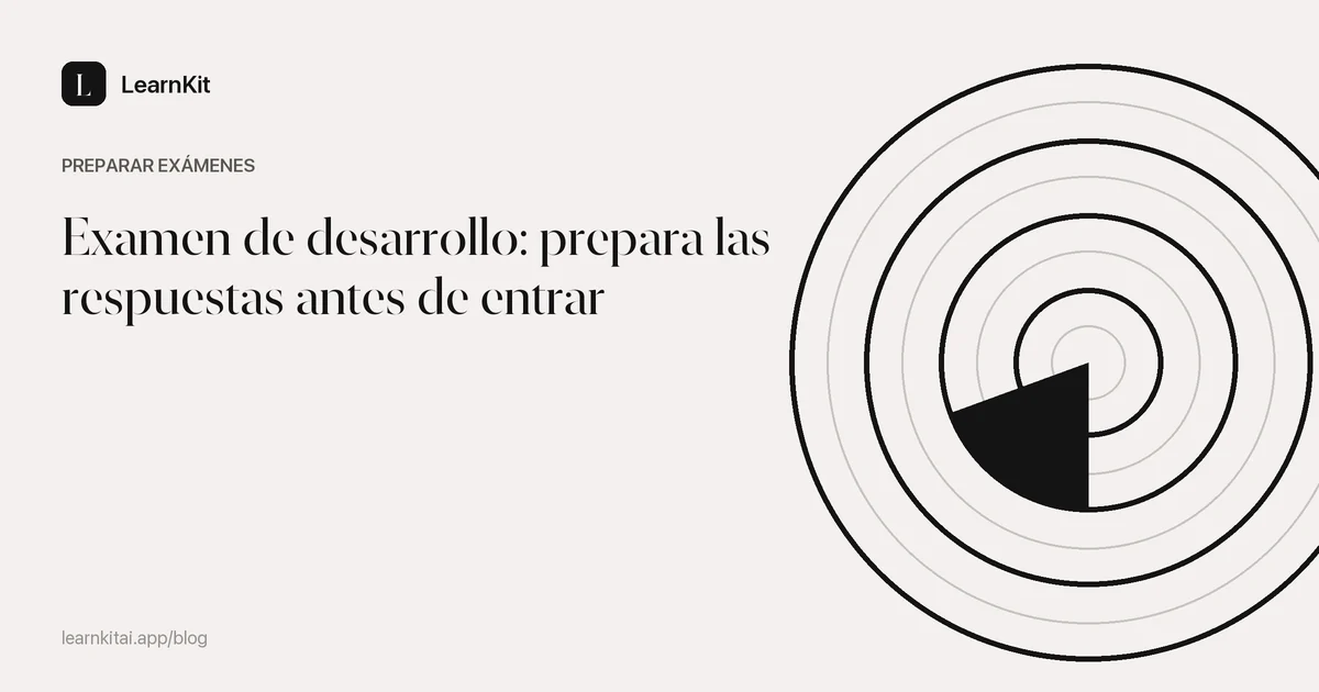 El título Examen de desarrollo: prepara las respuestas antes de entrar sobre un patrón monocromo y sereno