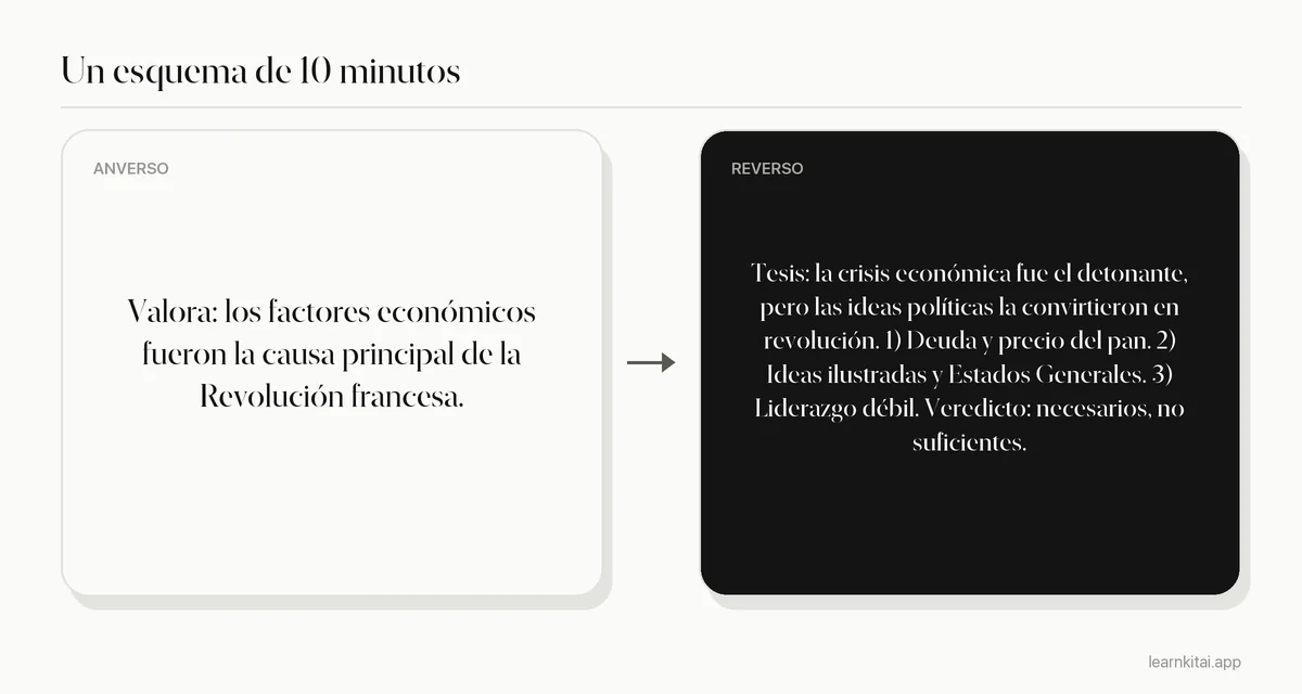 Tarjeta de esquema de ejemplo de un examen de desarrollo con una tesis y tres puntos principales para una pregunta de historia