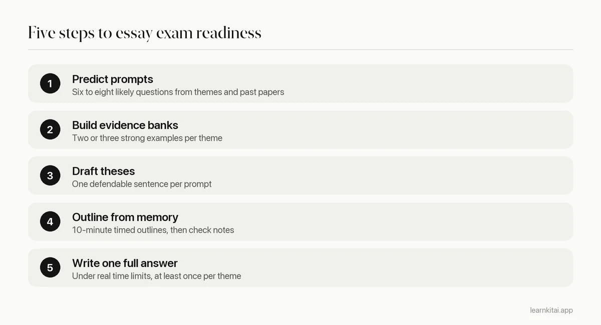 Five steps to prepare for an essay exam from predicting prompts to timed full answers