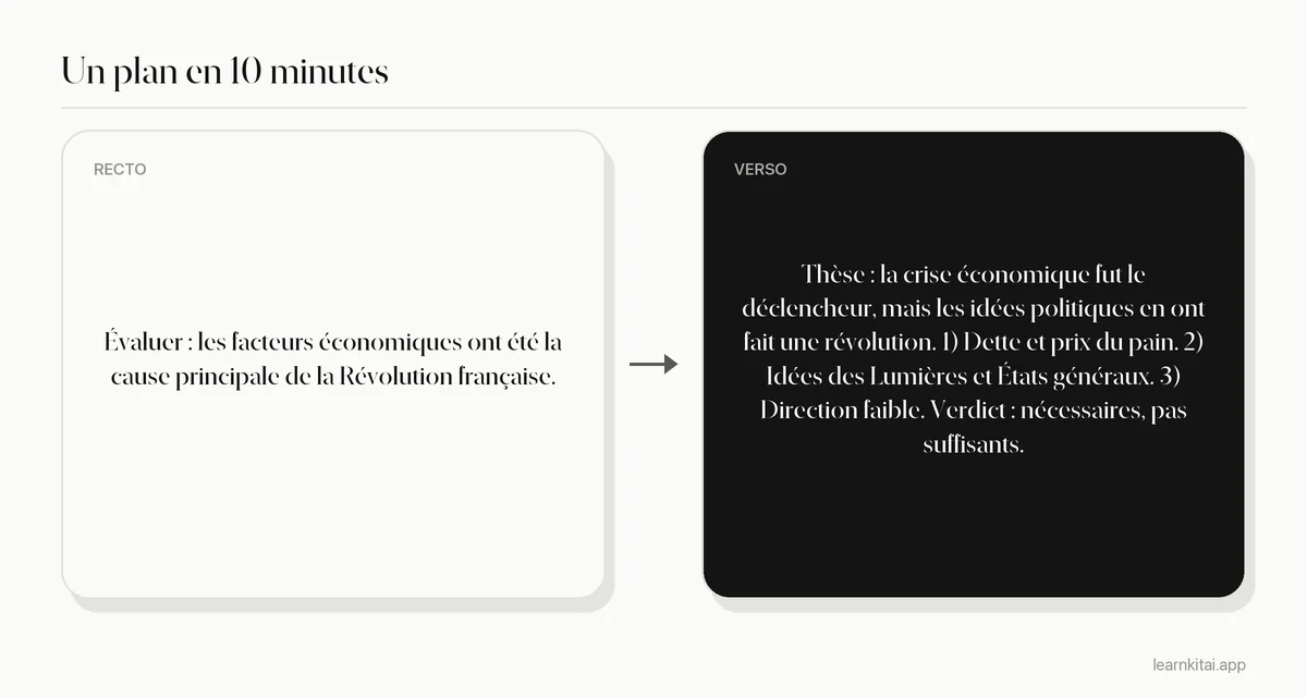 Exemple de fiche de plan de dissertation avec une thèse et trois points principaux pour un sujet d'histoire