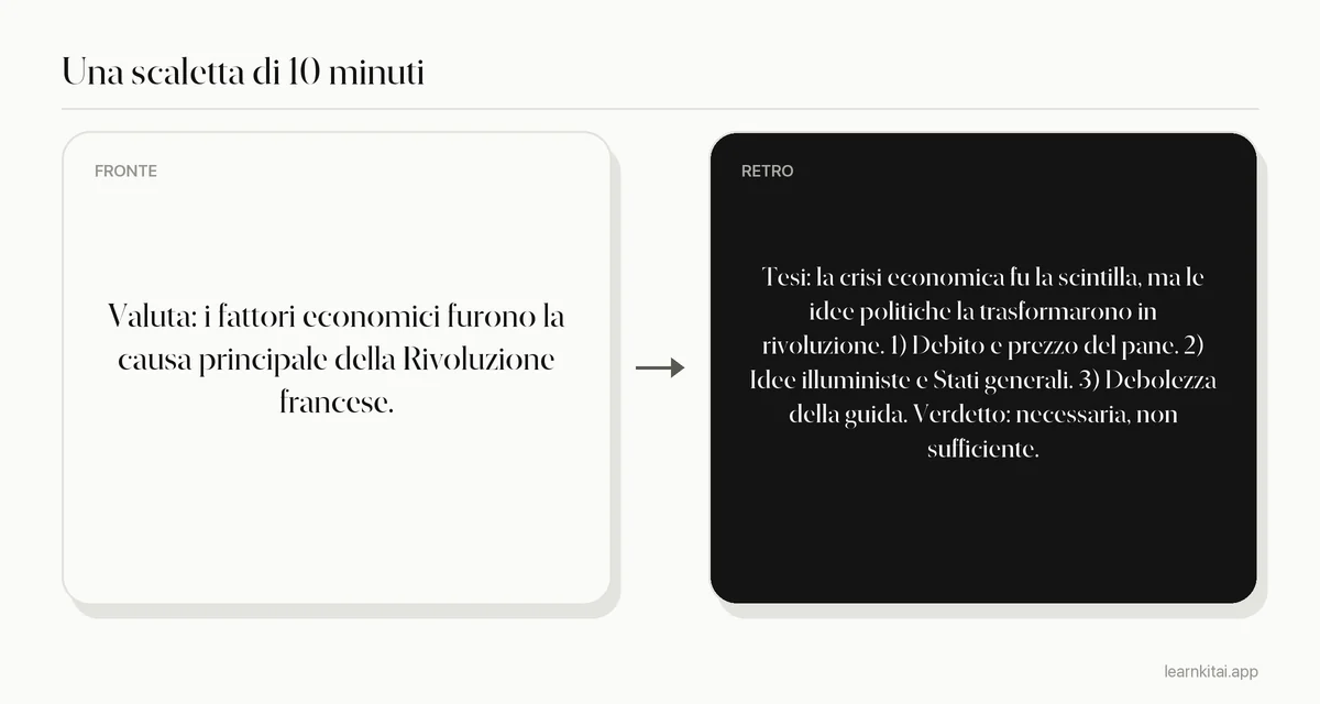 Scheda di esempio con la scaletta di un esame scritto con una tesi e tre punti principali per una traccia di storia
