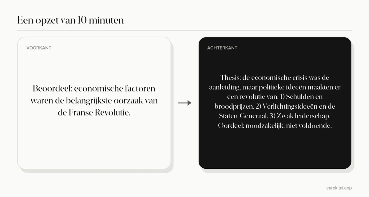 Voorbeeldkaart met een essayopzet met een thesis en drie hoofdpunten voor een geschiedenisvraag