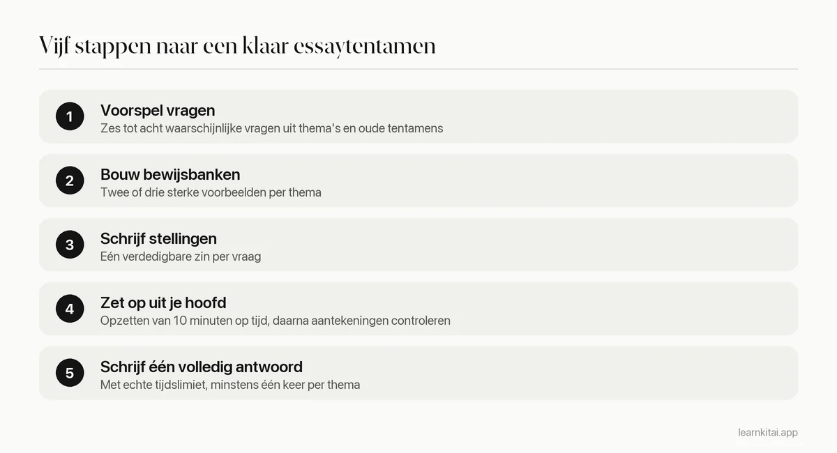 Vijf stappen om je voor te bereiden op een essaytentamen, van vragen voorspellen tot volledige antwoorden op tijd