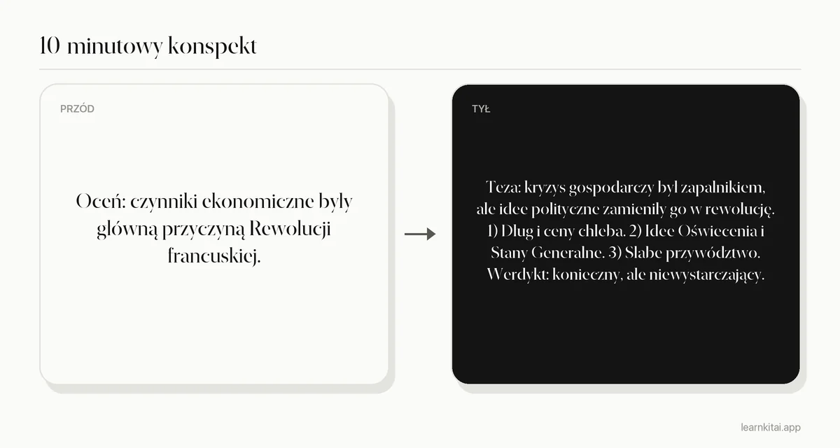 Przykładowa karta konspektu eseju z tezą i trzema głównymi punktami do polecenia z historii