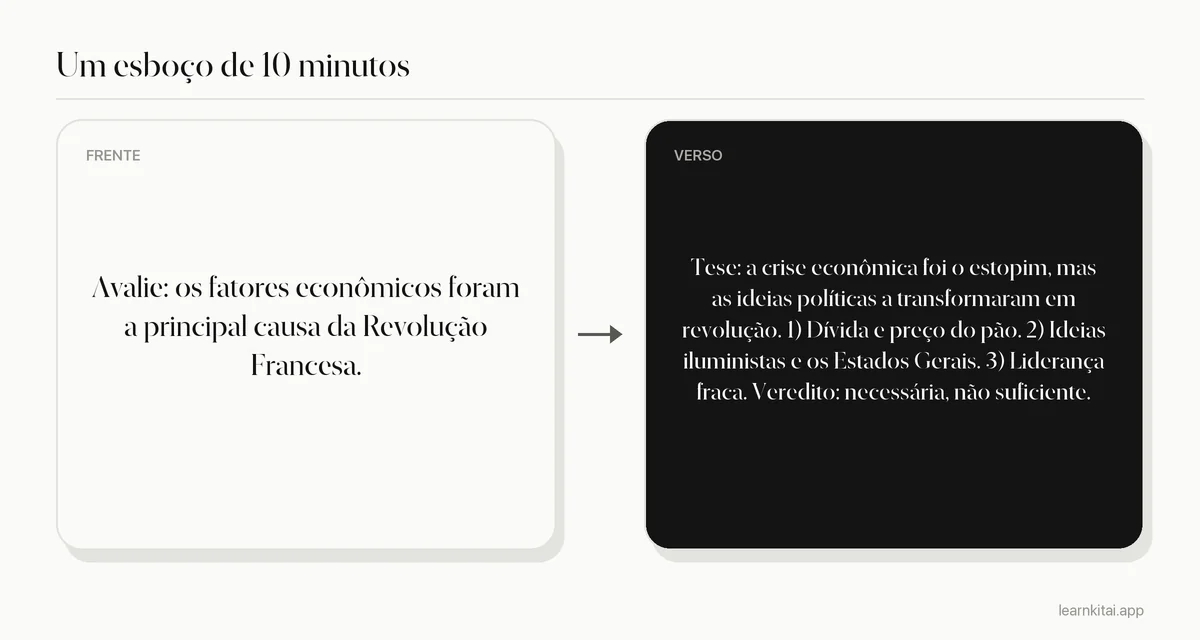 Exemplo de cartão com esboço de prova dissertativa, com uma tese e três pontos principais para um enunciado de história