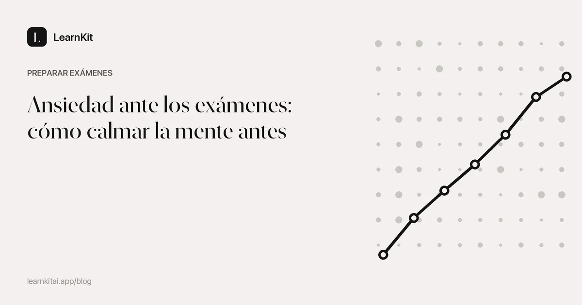El título Ansiedad ante los exámenes: cómo calmar la mente antes sobre un patrón monocromo y sereno