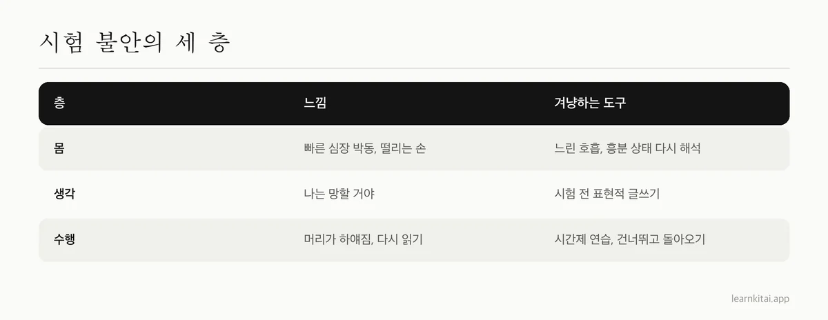 시험 불안의 세 층을 예시와 맞는 기법과 함께 정리한 표