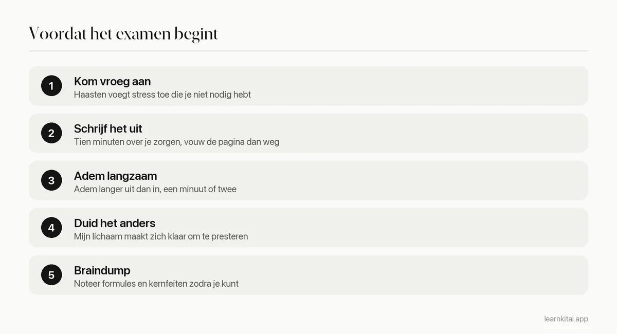 Vijf stappen van een kalmerende routine voor de minuten voor en aan het begin van een examen