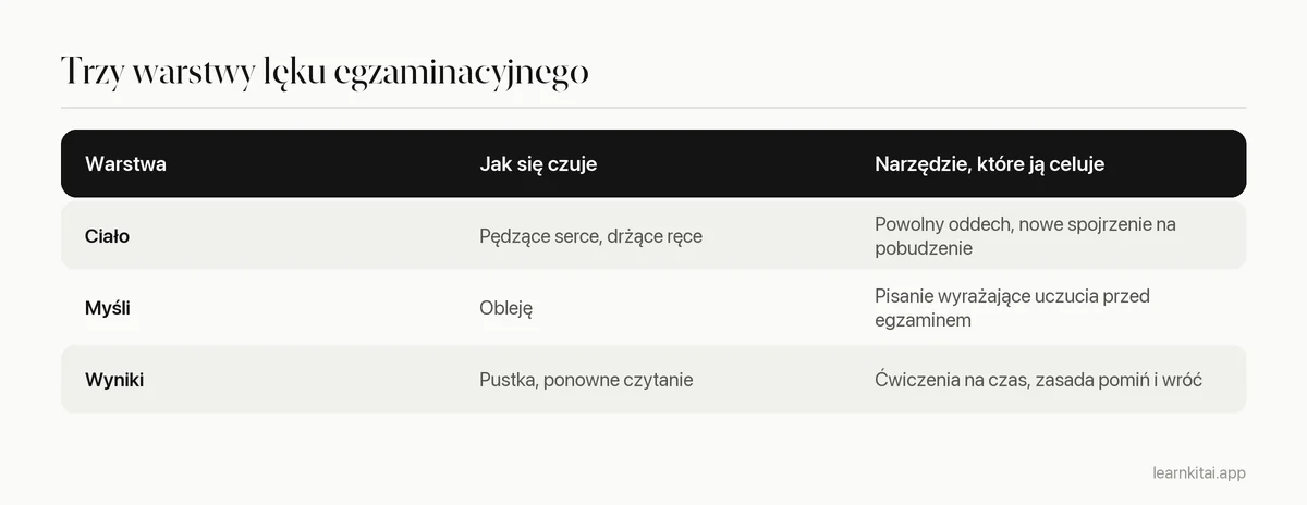 Tabela trzech warstw lęku egzaminacyjnego z przykładami i pasującą techniką dla każdej