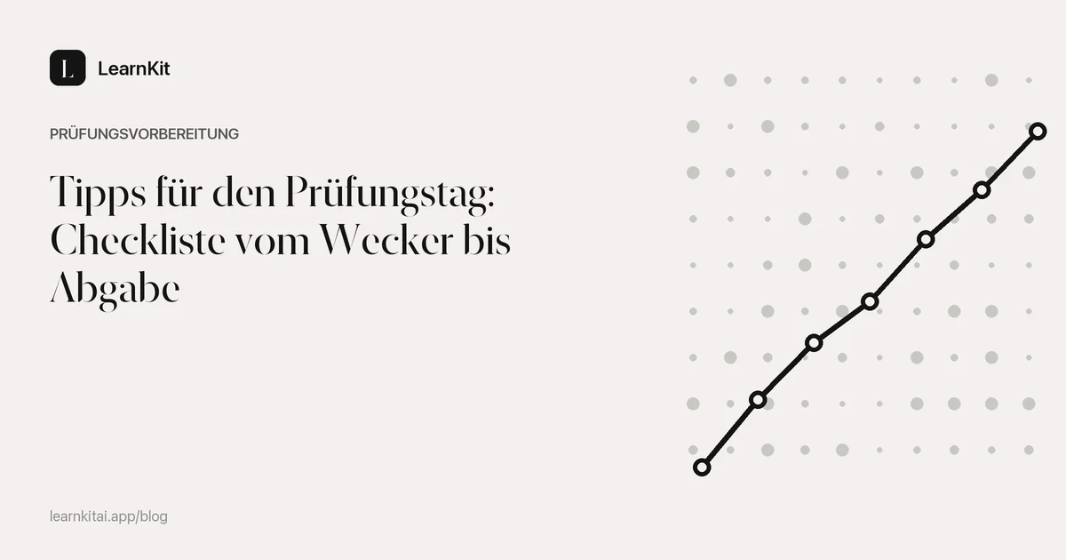 Der Titel Tipps für den Prüfungstag: Checkliste vom Wecker bis Abgabe vor einem ruhigen, einfarbigen Muster