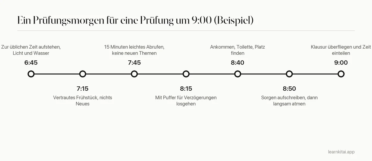 Zeitleiste eines Prüfungsmorgens vom Aufwachen bis zur ersten Frage