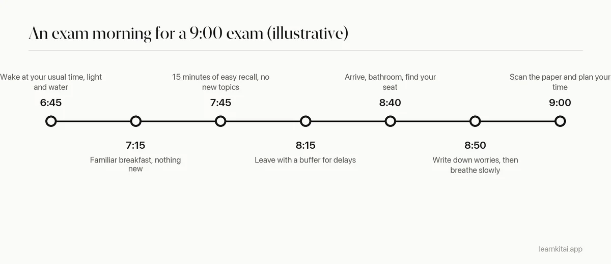 Timeline of an exam morning from waking up to the first question