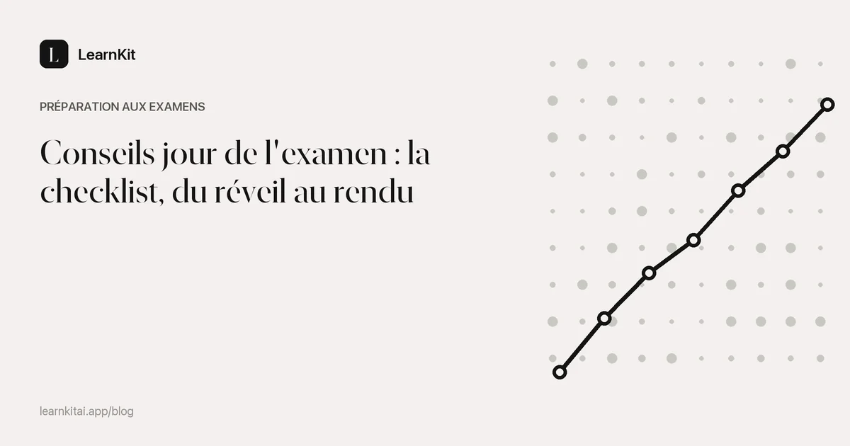 Le titre Conseils jour de l'examen : la checklist, du réveil au rendu sur un motif monochrome épuré