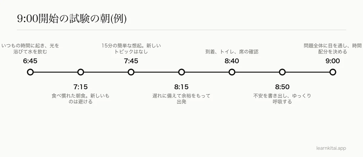 起床から最初の問題までの、試験の朝のタイムライン