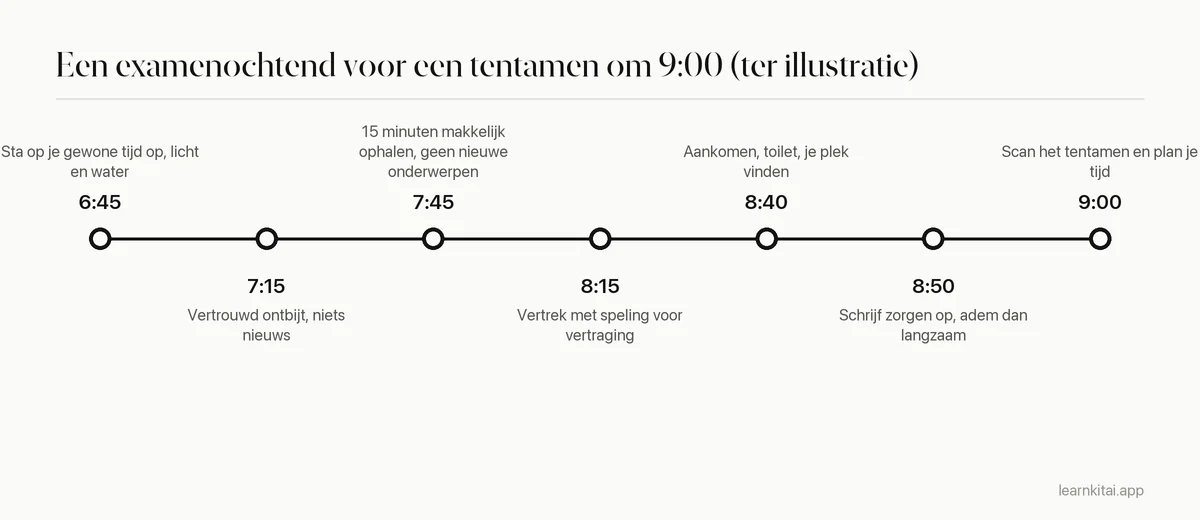 Tijdlijn van een examenochtend van opstaan tot de eerste vraag