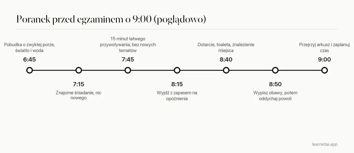 Oś czasu poranka egzaminu od pobudki do pierwszego pytania
