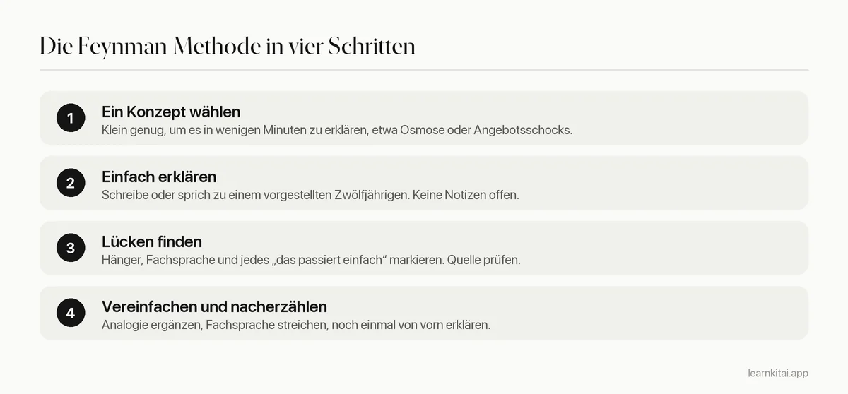 Vier Schritte der Feynman-Methode: Konzept wählen, einfach erklären, Lücken finden, vereinfachen und nacherzählen