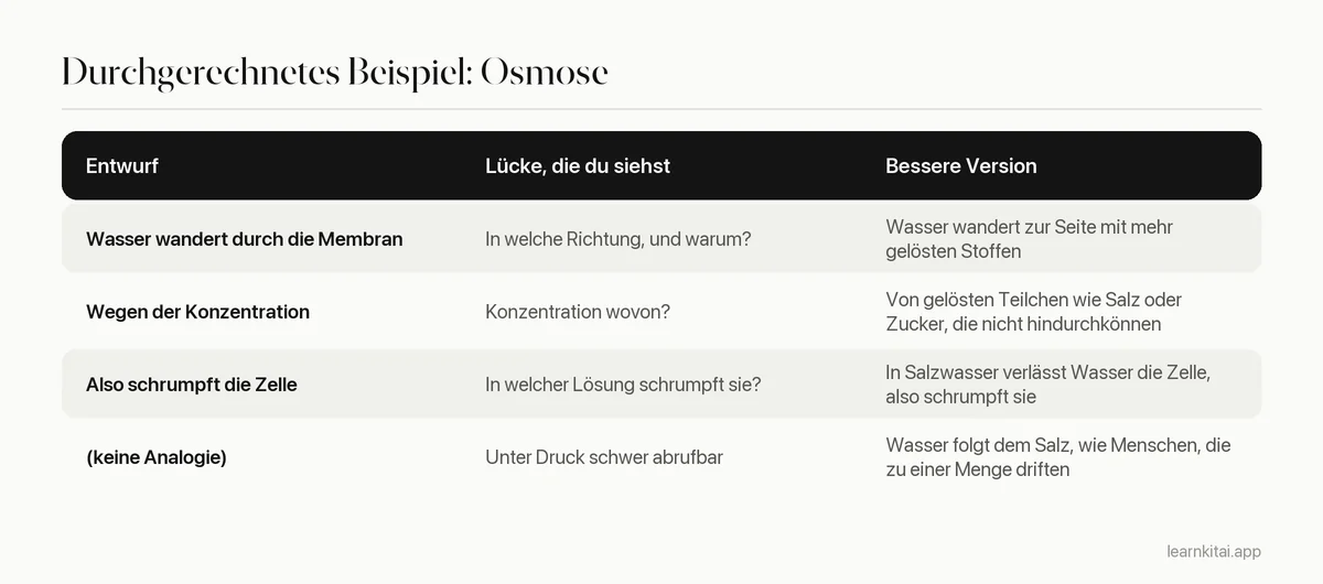 Tabelle mit einer ersten Erklärung der Osmose, der Lücke, die sie offenbarte, und der verbesserten Erklärung nach dem Prüfen der Quelle