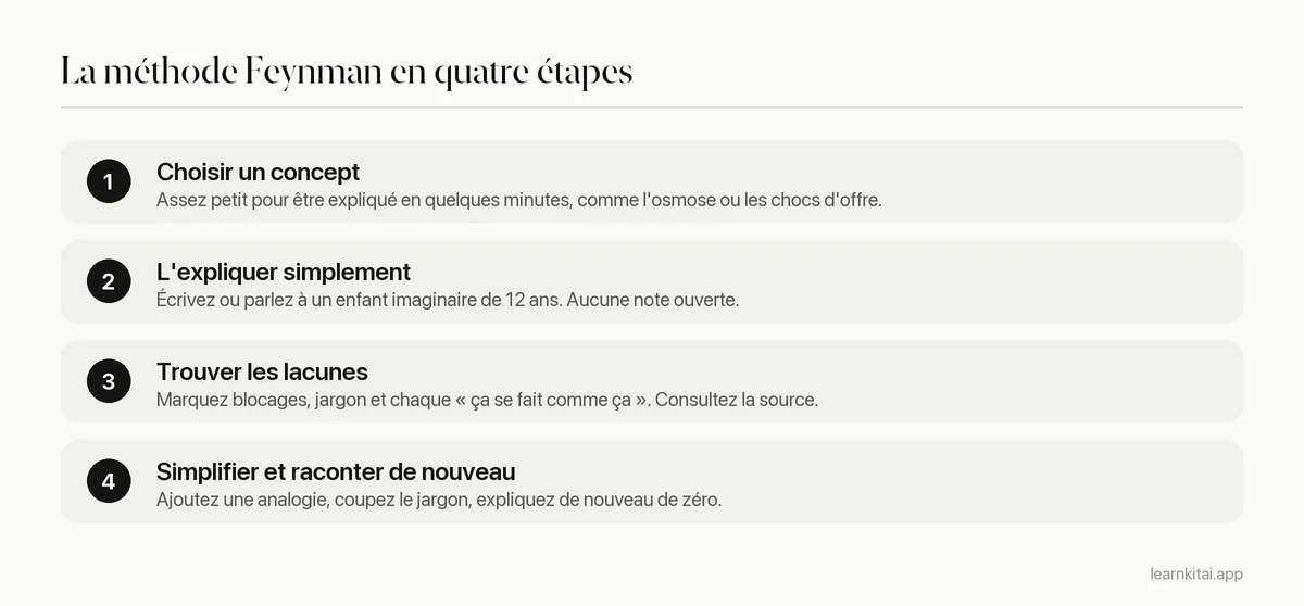 Quatre étapes de la méthode Feynman : choisir un concept, l'expliquer simplement, trouver les lacunes, simplifier et raconter de nouveau