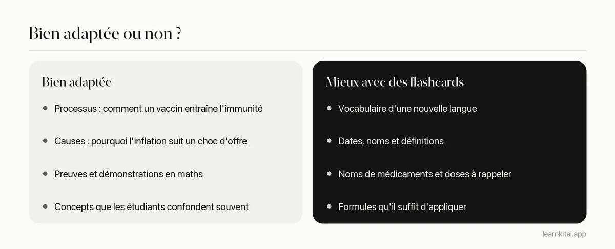 Comparaison des sujets qui conviennent à la méthode Feynman et de ceux qu'il vaut mieux traiter avec des flashcards