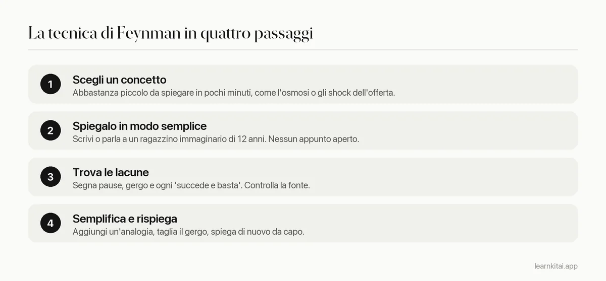 Quattro passaggi della tecnica di Feynman: scegli un concetto, spiegalo in modo semplice, trova le lacune, semplifica e rispiega