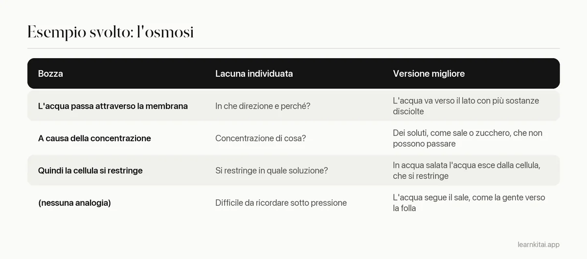 Tabella che mostra una prima spiegazione dell'osmosi, la lacuna che ha rivelato e la spiegazione migliorata dopo aver controllato la fonte