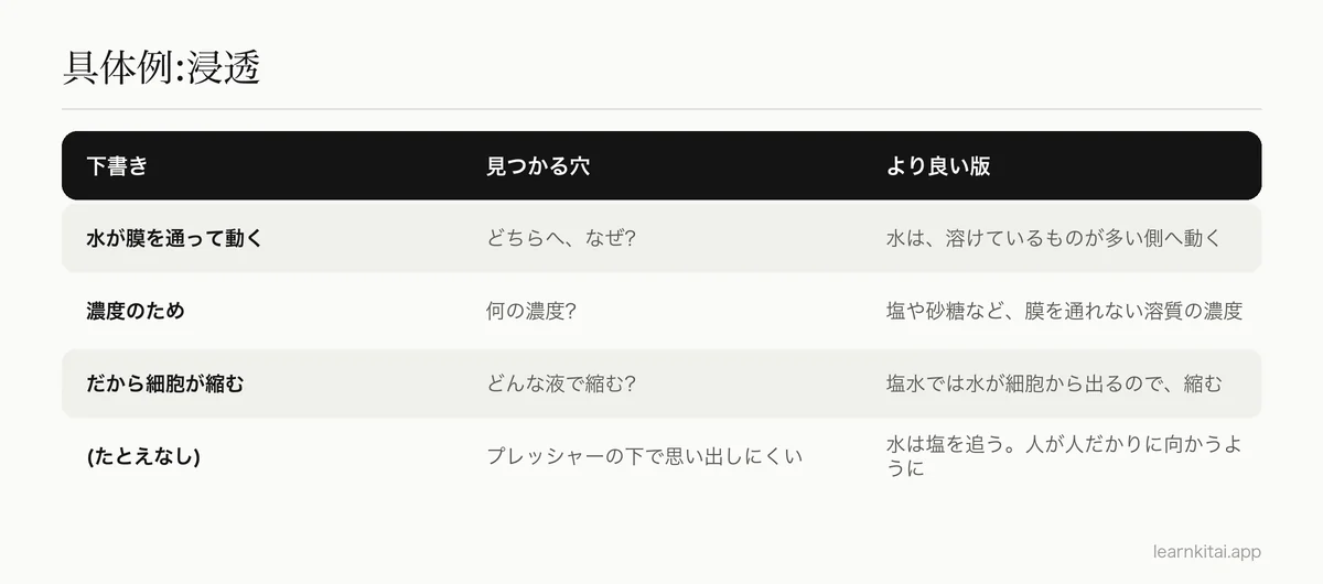 浸透についての最初の説明、見つかった穴、資料を確認した後の改善された説明を示した表