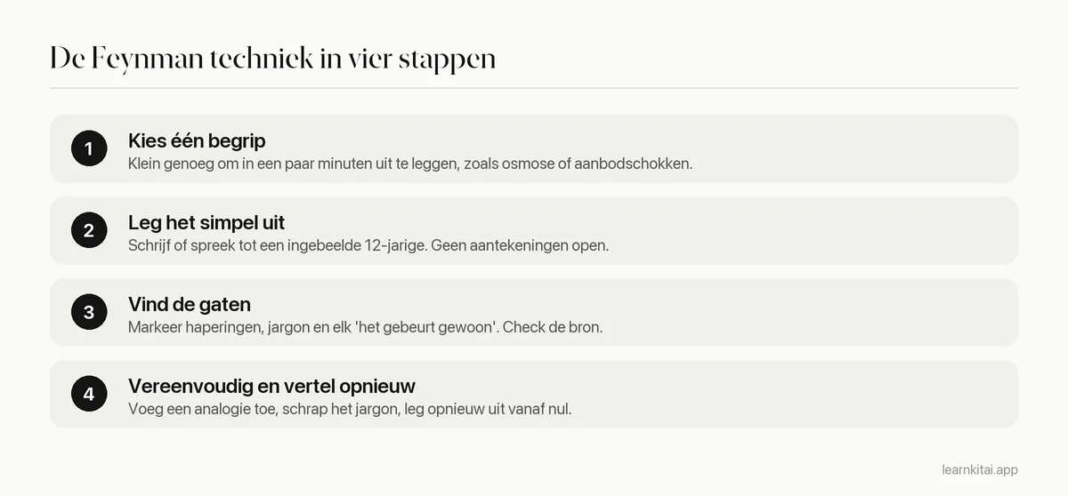 Vier stappen van de Feynman techniek: kies een begrip, leg het simpel uit, vind de gaten, vereenvoudig en vertel opnieuw