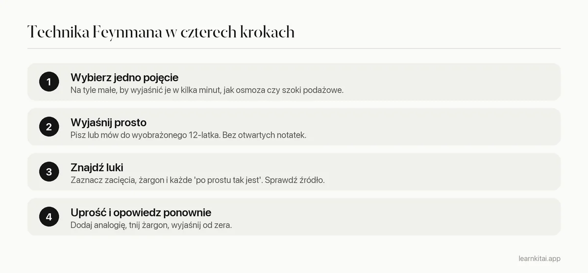 Cztery kroki techniki Feynmana: wybierz pojęcie, wyjaśnij je prosto, znajdź luki, uprość i opowiedz ponownie