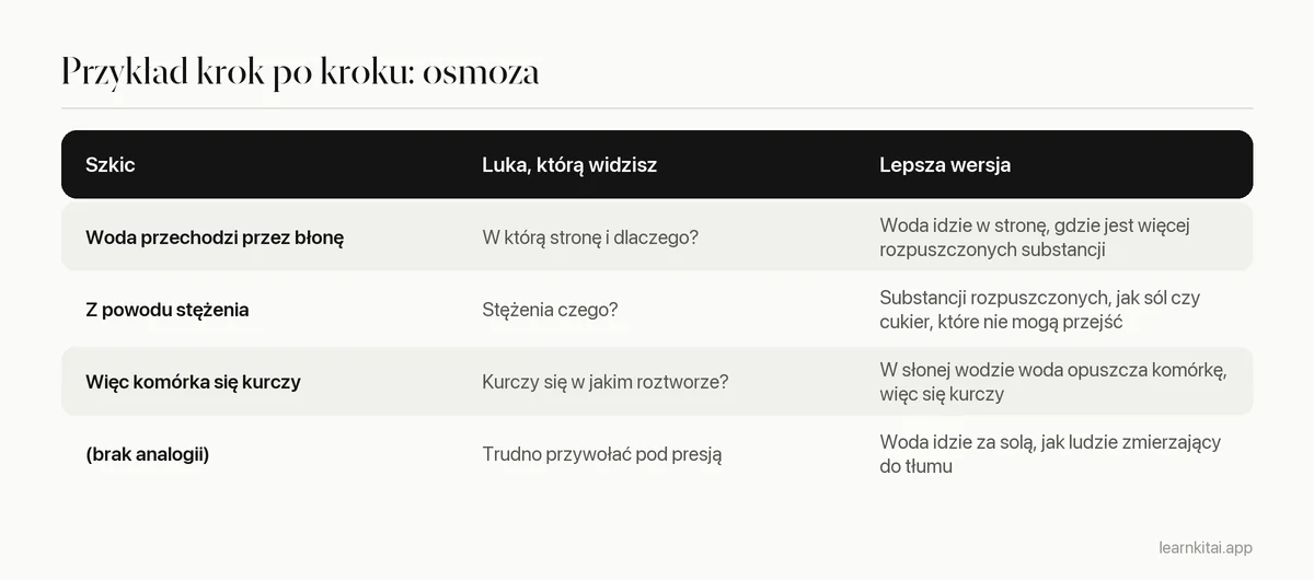 Tabela pokazująca pierwsze wyjaśnienie osmozy, lukę, którą ujawniło, i ulepszone wyjaśnienie po sprawdzeniu źródła