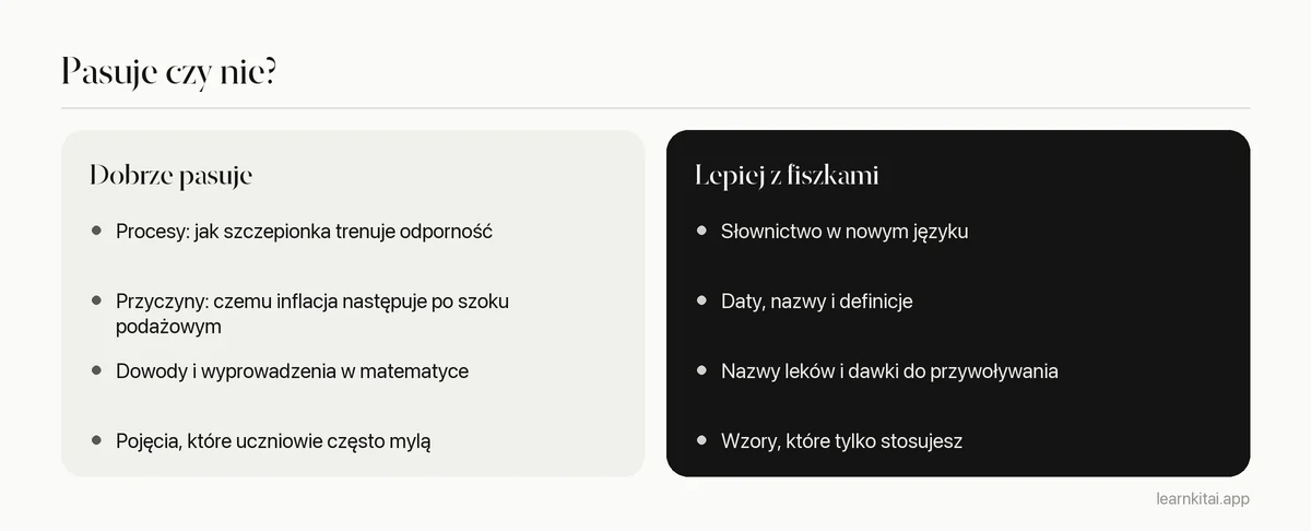 Porównanie tematów pasujących do techniki Feynmana i tematów lepiej obsłużonych fiszkami